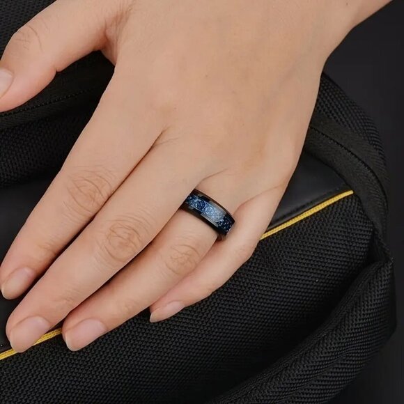 Tungsten Steel Carbide Center Zircon Carved Men's Ring in Beautiful Blue & Black - Picture 4 of 4